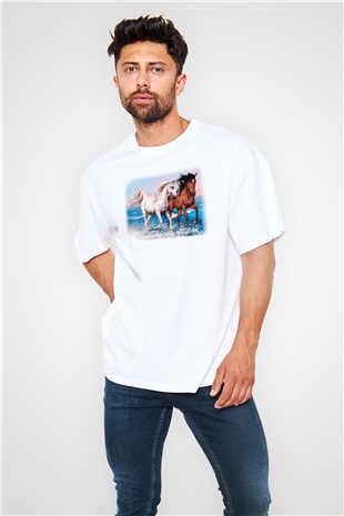 At Beyaz Unisex Oversize Tişört T-Shirt