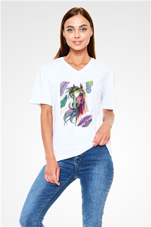 At Beyaz Unisex V Yaka Tişört