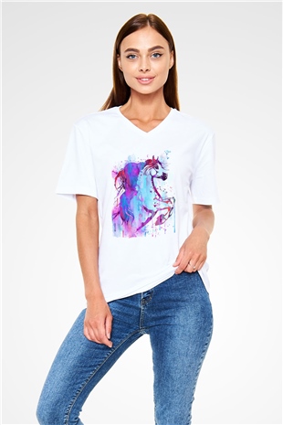 At Beyaz Unisex V Yaka Tişört