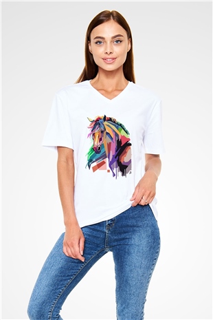 At Beyaz Unisex V Yaka Tişört