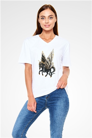 At Beyaz Unisex V Yaka Tişört