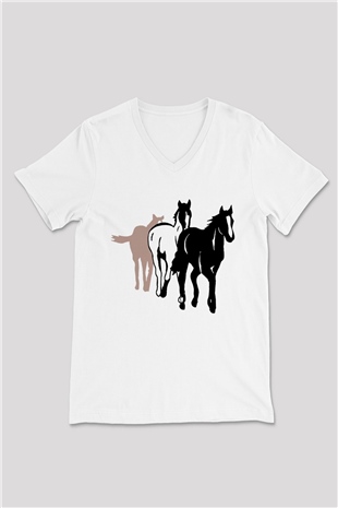 At Beyaz Unisex V Yaka Tişört T-Shirt