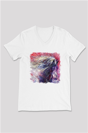 At Beyaz Unisex V Yaka Tişört T-Shirt