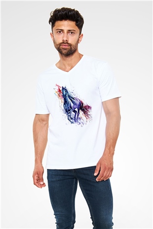 At Beyaz Unisex V Yaka Tişört T-Shirt