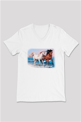 At Beyaz Unisex V Yaka Tişört T-Shirt