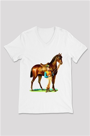 At Beyaz Unisex V Yaka Tişört T-Shirt