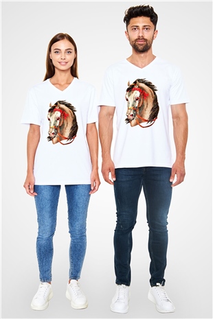 At Beyaz Unisex V Yaka Tişört T-Shirt