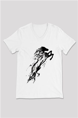 At Beyaz Unisex V Yaka Tişört T-Shirt