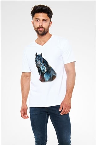 At Beyaz Unisex V Yaka Tişört T-Shirt