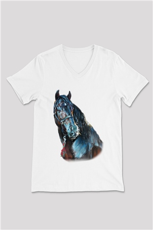 At Beyaz Unisex V Yaka Tişört T-Shirt