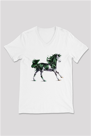 At Beyaz Unisex V Yaka Tişört T-Shirt