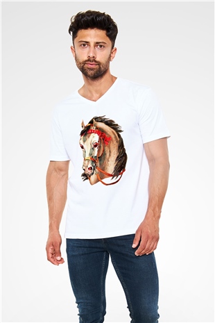 At Beyaz Unisex V Yaka Tişört T-Shirt