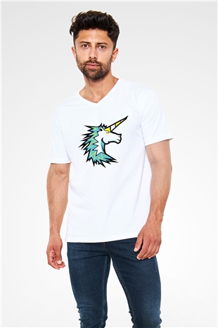 At Beyaz Unisex V Yaka Tişört T-Shirt