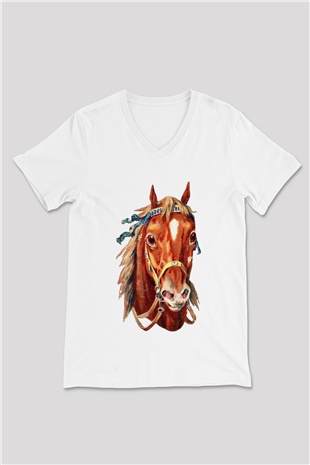 At Beyaz Unisex V Yaka Tişört T-Shirt