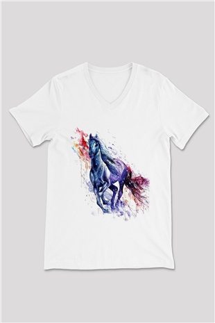 At Beyaz Unisex V Yaka Tişört T-Shirt
