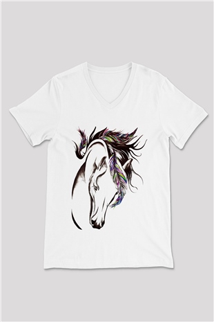 At Beyaz Unisex V Yaka Tişört T-Shirt
