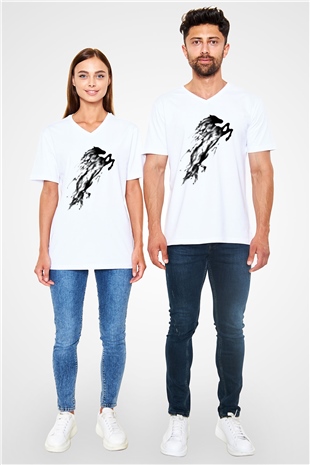 At Beyaz Unisex V Yaka Tişört T-Shirt