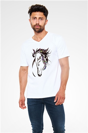At Beyaz Unisex V Yaka Tişört T-Shirt
