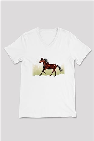 At Beyaz Unisex V Yaka Tişört T-Shirt