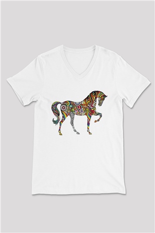 At Beyaz Unisex V Yaka Tişört T-Shirt