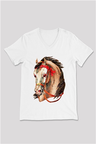 At Beyaz Unisex V Yaka Tişört T-Shirt