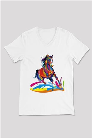 At Beyaz Unisex V Yaka Tişört T-Shirt