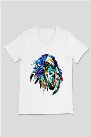 At Beyaz Unisex V Yaka Tişört T-Shirt