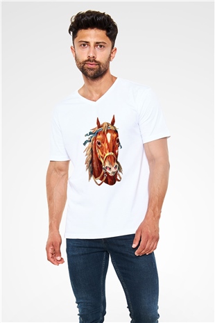 At Beyaz Unisex V Yaka Tişört T-Shirt