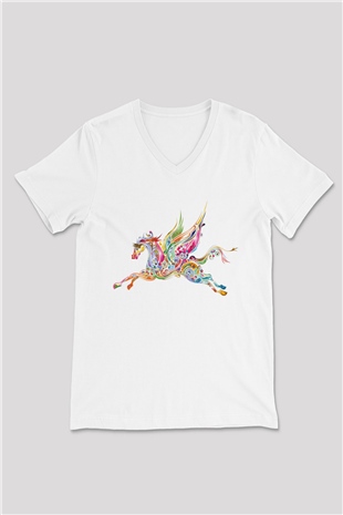 At Beyaz Unisex V Yaka Tişört T-Shirt