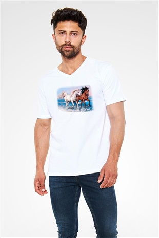 At Beyaz Unisex V Yaka Tişört T-Shirt
