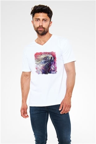 At Beyaz Unisex V Yaka Tişört T-Shirt
