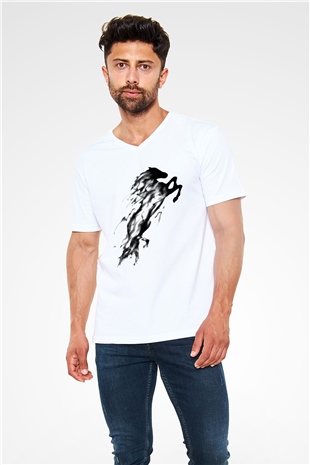 At Beyaz Unisex V Yaka Tişört T-Shirt