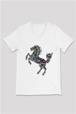 At Beyaz Unisex V Yaka Tişört T-Shirt
