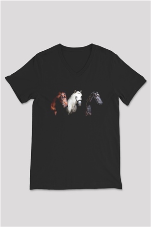 At Siyah Unisex V Yaka Tişört T-Shirt