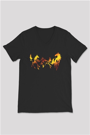 At Siyah Unisex V Yaka Tişört T-Shirt