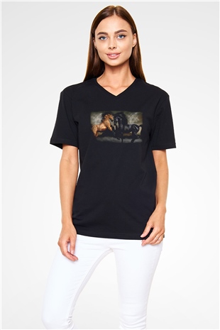 At Siyah Unisex V Yaka Tişört T-Shirt