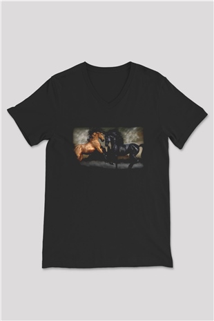 At Siyah Unisex V Yaka Tişört T-Shirt