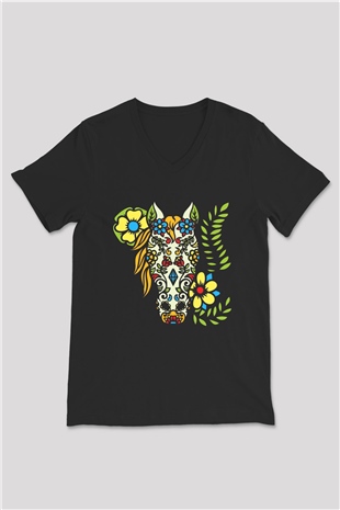 At Siyah Unisex V Yaka Tişört T-Shirt