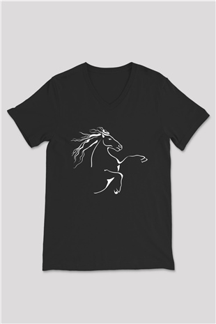 At Siyah Unisex V Yaka Tişört T-Shirt