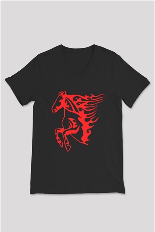 At Siyah Unisex V Yaka Tişört T-Shirt