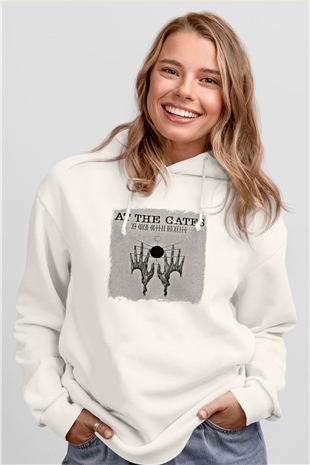 At The Gates Baskılı Unisex Beyaz Hoodie