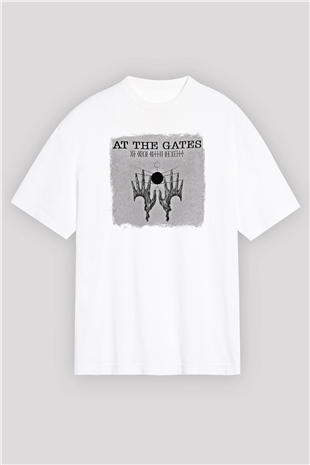 At The Gates Baskılı Unisex Beyaz Oversize Tişört