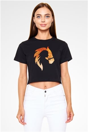 At ve Kız Baskılı  Siyah  Crop Top Tişört