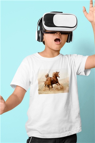 At ve Yavrusu Baskılı Unisex Beyaz  Çocuk Tişört