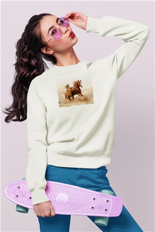 At ve Yavrusu Baskılı Unisex Beyaz  Sweatshirt