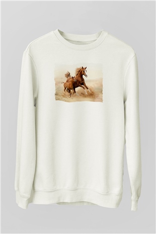 At ve Yavrusu Baskılı Unisex Beyaz  Sweatshirt