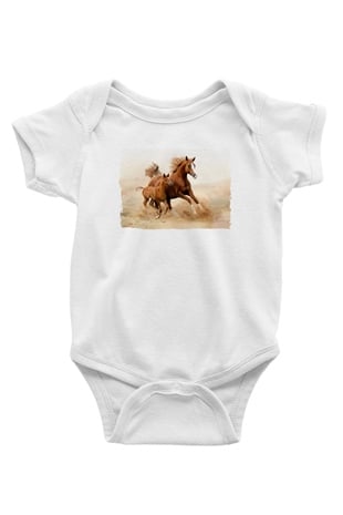 At ve Yavrusu BaskılıBeyaz  Bebek Body - Zıbın