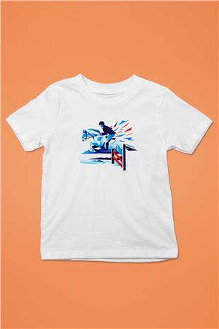 At Yarışı Baskılı Unisex Beyaz Çocuk Tişört - Tshirt