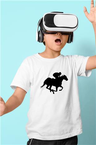 At Yarışı Baskılı Unisex Beyaz Çocuk Tişört - Tshirt