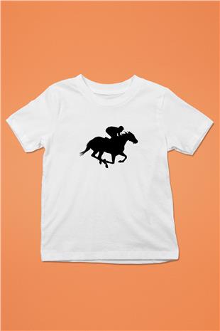 At Yarışı Baskılı Unisex Beyaz Çocuk Tişört - Tshirt